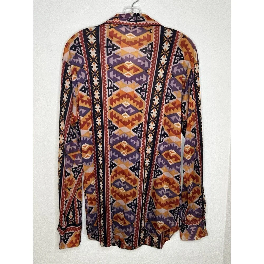 Vintage 70s Charisma Shirt Mens Large 16.5 Aztec Disco Lightweight Button Up